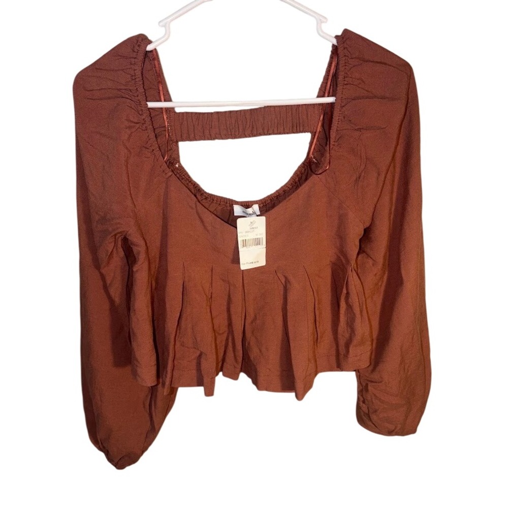 Ensemble Womens Rust Brown Square Neck Pleated Crop Top Long Sleeve Blouse